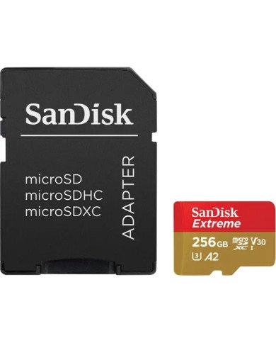 SanDisk Extreme microSD de 256 GB con adaptador SD, A2,190 MB/s Class 10 U3 V30