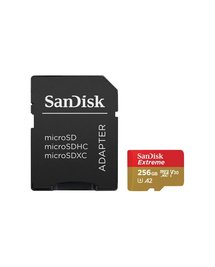 SanDisk Extreme microSD de 256 GB con adaptador SD, A2,190 MB/s Class 10 U3 V30