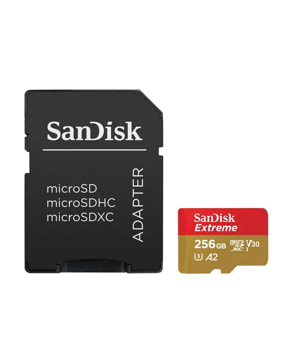 SanDisk Extreme microSD de 256 GB con adaptador SD, A2,190 MB/s Class 10 U3 V30